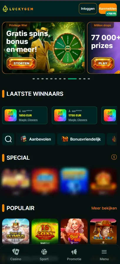 LuckyGem homepage met bonusaanbiedingen