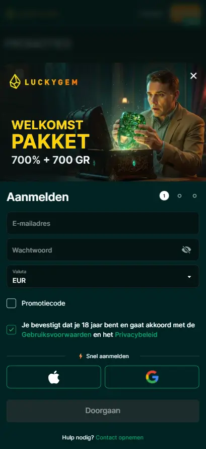 LuckyGem aanmeldformulier voor nieuwe spelers